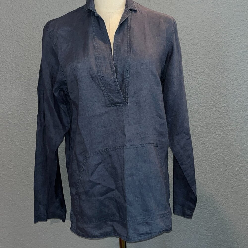 SUNDANCE BLUE 100% LINEN LONG SLEEVE RELAXED POP-OVER TUNIC SHIRT BLOUSE EUC -S
